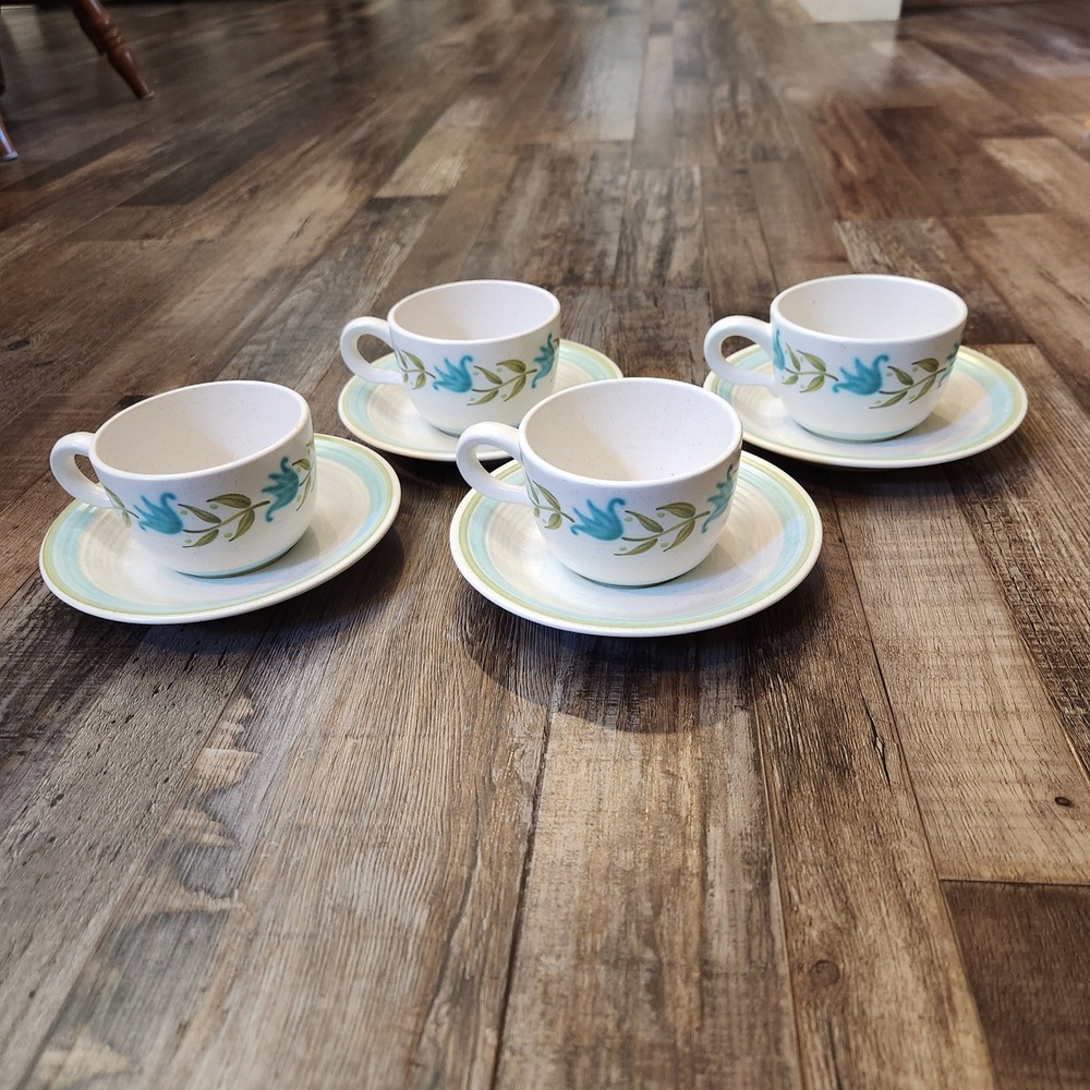 Franciscan Earthenware Tulip Time Tea Cups & Saucers Set of 4 Vintage 1963 USA